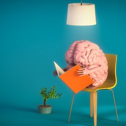 3D rendering of a brain sat in a yellow chair holding a book with weird hands and reading it, a plant in the background and a light above it, on a dark blue background