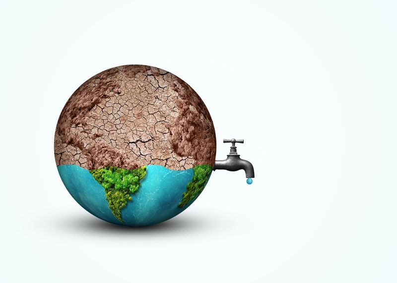 Illustration of Earth, the top-third appearing arid and desert-like and the bottom third appearing normal, a dripping tap is sticking out of the Earth's right side