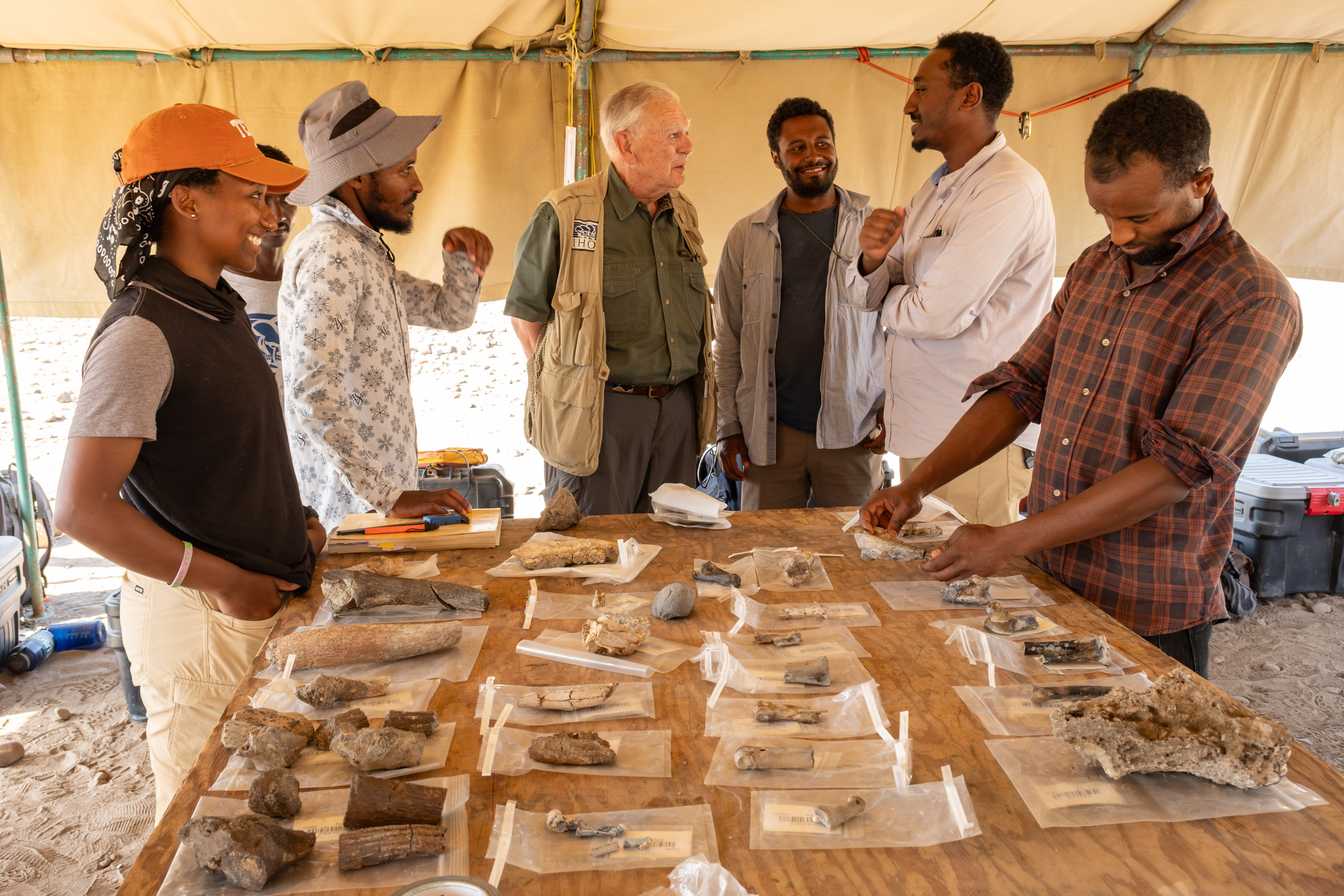 Donald Johanson arrives at the Hadar Research Project, January 2024, Hadar, Ethiopia; he is pictured in the center with six other researchers, and there is a table in front of them with lots of palaeontological specimens