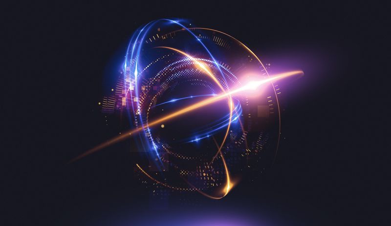 Abstract background showing an Elegant glowing circle with many Light rings symbolizing an atom and its electrons. 