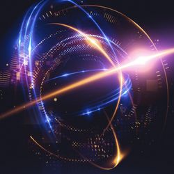 Abstract background showing an Elegant glowing circle with many Light rings symbolizing an atom and its electrons. 