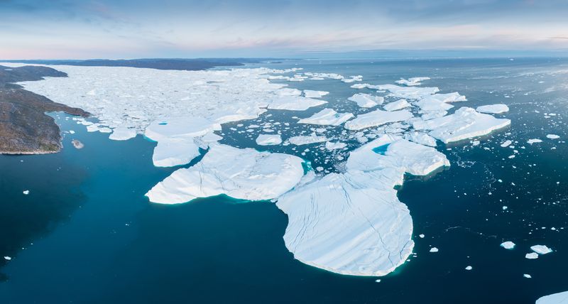 Aerial photograph of a melting iceberg in Ilulissat, Greenland