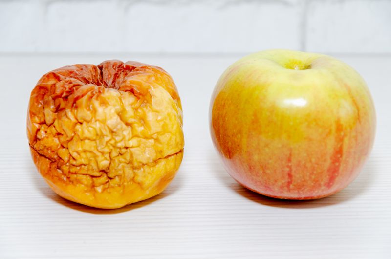 wrinkled apple on a white table next to a shiny fresh apple