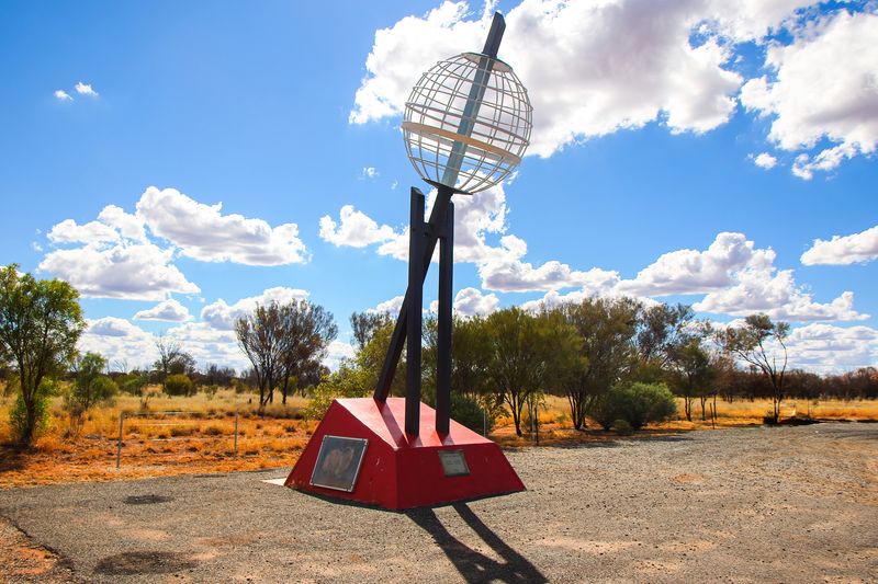 Alice Springs, Australia - March 11, 2016 : Tropic of Capricorn monument on Stuart Highway - Hollow globe marking the southernmost latitude where the Sun can be seen directly overhead