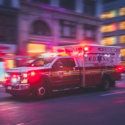 New York ambulance photographed driving fast with red lights on down a road; the background is blurred and the lighting is dark and tinted red