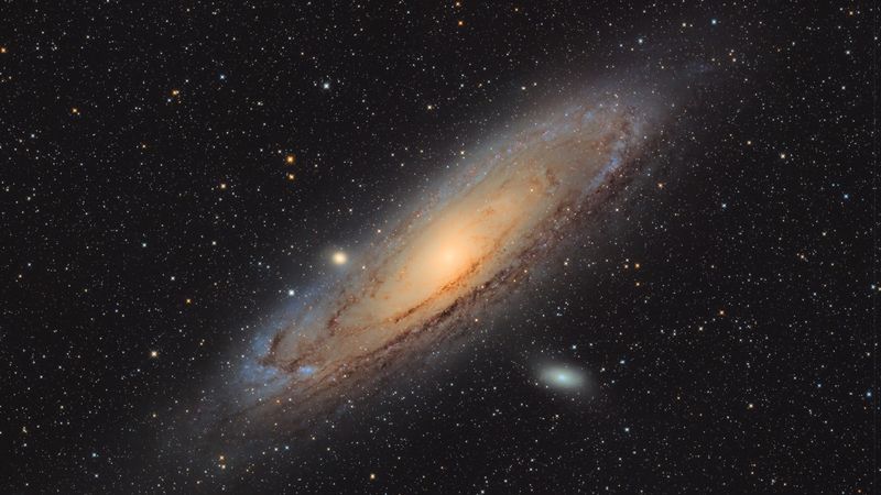 A nice picture of the andromeda galaxy. It look disk-like with swirling dark clouds. It is slightly slanted compared to the field of view.