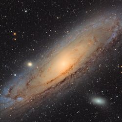 A nice picture of the andromeda galaxy. It look disk-like with swirling dark clouds. It is slightly slanted compared to the field of view.