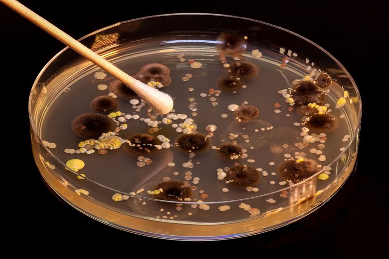 Petri dish on a black background, containing multiple bacterial and fungal cultures that appear as yellow and beige spots and brown furry areas; a cotton swab is being applied to the plate