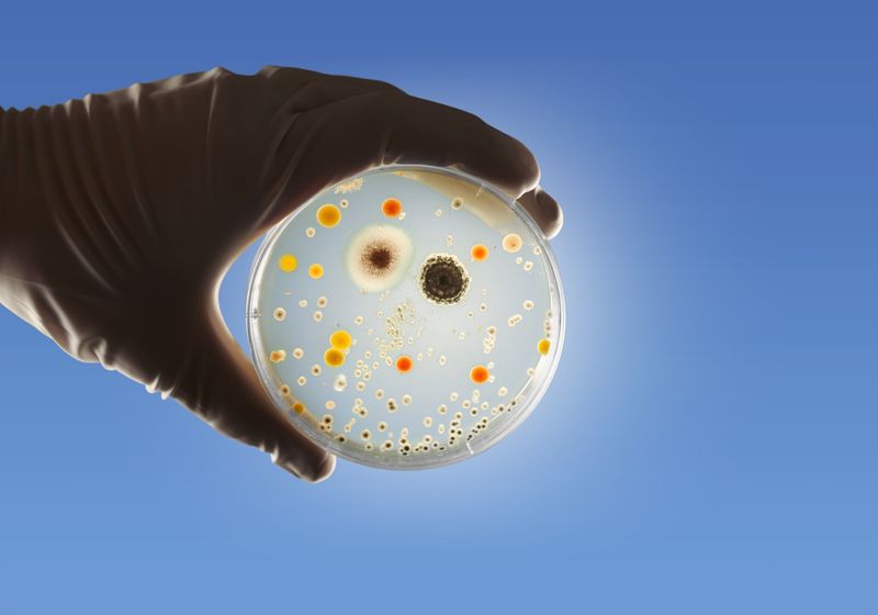 gloved hand holding petri dish against a bright light on a blue background; the dish has lots of bacterial or fungal colonies growing on it