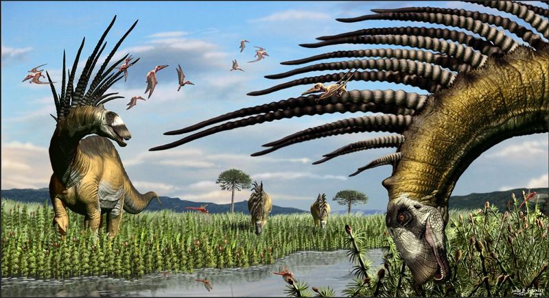 Two dinosaurs with long necks, small heads and huge 1-meter-long spines that curve forward towards its heads are drinking water