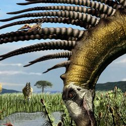 Two dinosaurs with long necks, small heads and huge 1-meter-long spines that curve forward towards its heads are drinking water