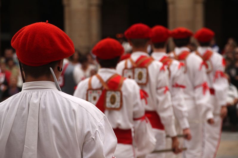 Traditional Basque folk dancers performing in Bilbao, capital city of Basque Autonomous Community.