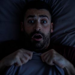 A man in a burgundy T-shirt is scared in bed looking at the camera