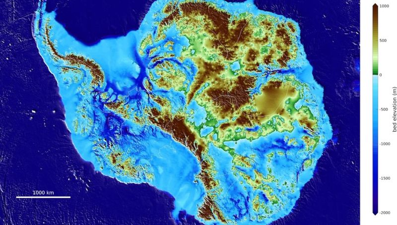 An international team of glaciologists created a map showing the contours of the land beneath Antarctica’s ice sheet