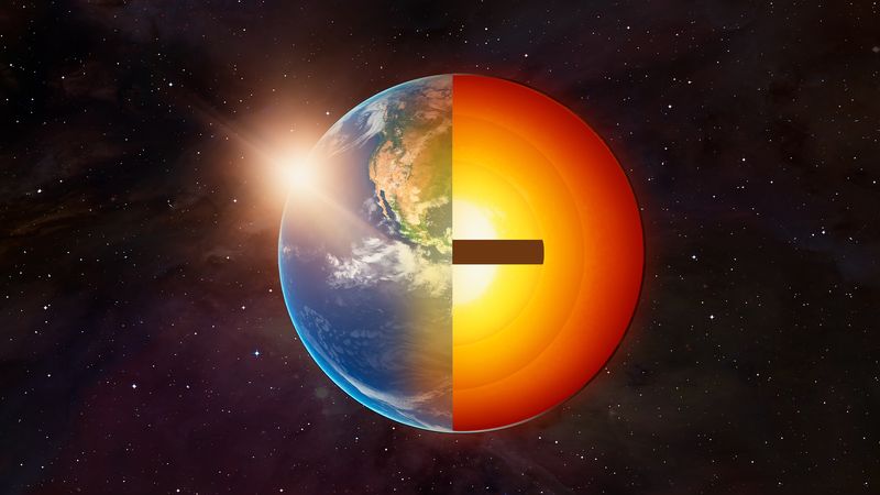 A render of the planet with a quarter missing showing the inner layers. stretching from the center to the other core is a brounw band like belt around the core.