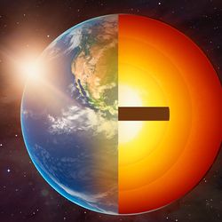 A render of the planet with a quarter missing showing the inner layers. stretching from the center to the other core is a brounw band like belt around the core.