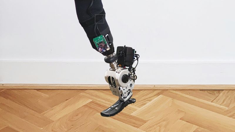 A photograph of the autonomous neuroprosthetic system, a prosthetic leg with a blade-shaped foot