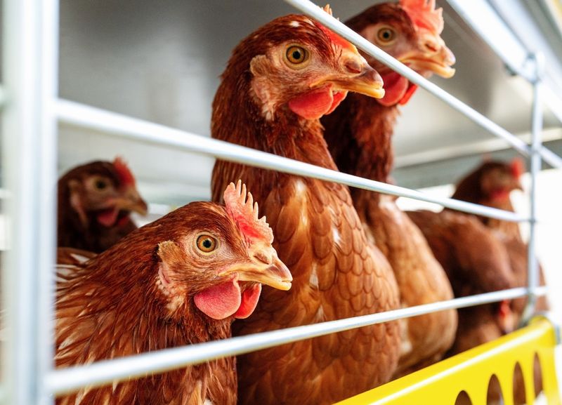 High quality closeup photo of Isa brown hens in poultry farm. 