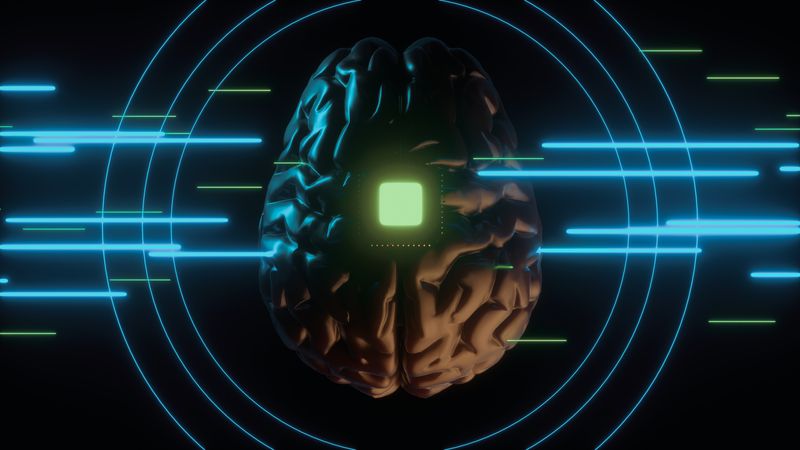 Human brain with computer chip and neon data lines. Neuro interface and machine learning concept 3d render