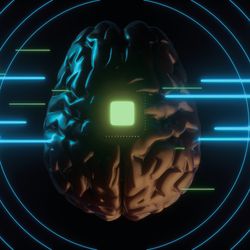 Human brain with computer chip and neon data lines. Neuro interface and machine learning concept 3d render