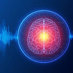 blue frequency waves against dark blue background; blue circle on the right around a diagram of the brain viewed from above with glowing red and yellow towards the middle