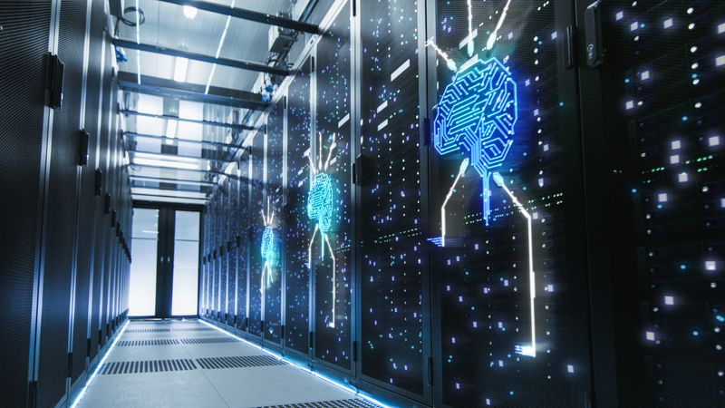 concept image of supercomputer in corridor with overlaid neon human brains