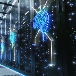 concept image of supercomputer in corridor with overlaid neon human brains