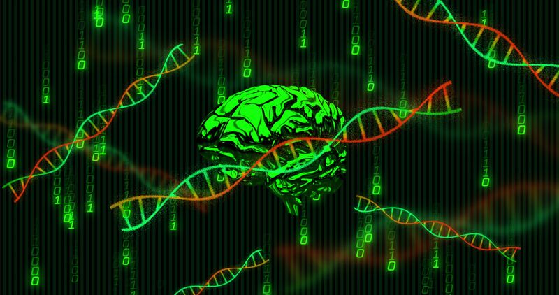 concept art of neon green human brain surrounded by red and green DNA molecules on a backdrop of neon green falling chains of zeroes 