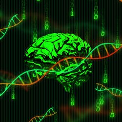 concept art of neon green human brain surrounded by red and green DNA molecules on a backdrop of neon green falling chains of zeroes 