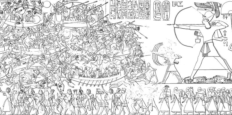 Illustration of a relief from the mortuary temple of Ramesses III at Medinet Habu showing the Battle of the Delta between Egypt and the Sea Peoples. 