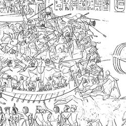 Illustration of a relief from the mortuary temple of Ramesses III at Medinet Habu showing the Battle of the Delta between Egypt and the Sea Peoples. 