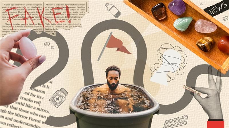 A collage image showing a road winding around various objects and images associated with pseudoscience. On the left, the road starts next to a large hand holding a pink stone which is positioned under a piece of newspaper with the word "FAKE" written in red ink. The road continues into the middle of the image where it curves around a man sitting in an ice bath, before moving onto another hand holding a small piece of paper saying "lies, lies, lies" on it. At the top right hand corner of the image is a tray containing various stones and in the negative spaces around the road are small images of pills and bottles of medicine. 