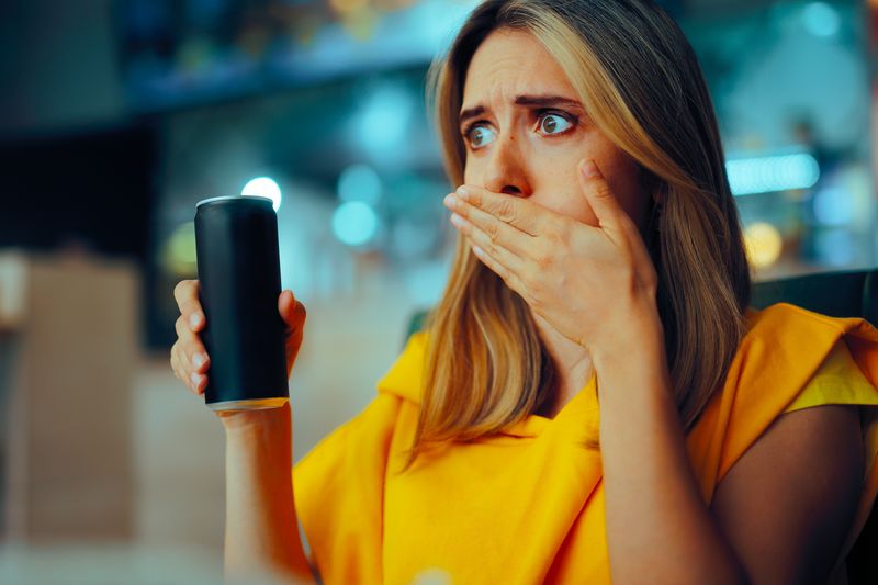 woman covering mouth burping after drinking fizzy drink; she is holding a black can and wearing a yellow top