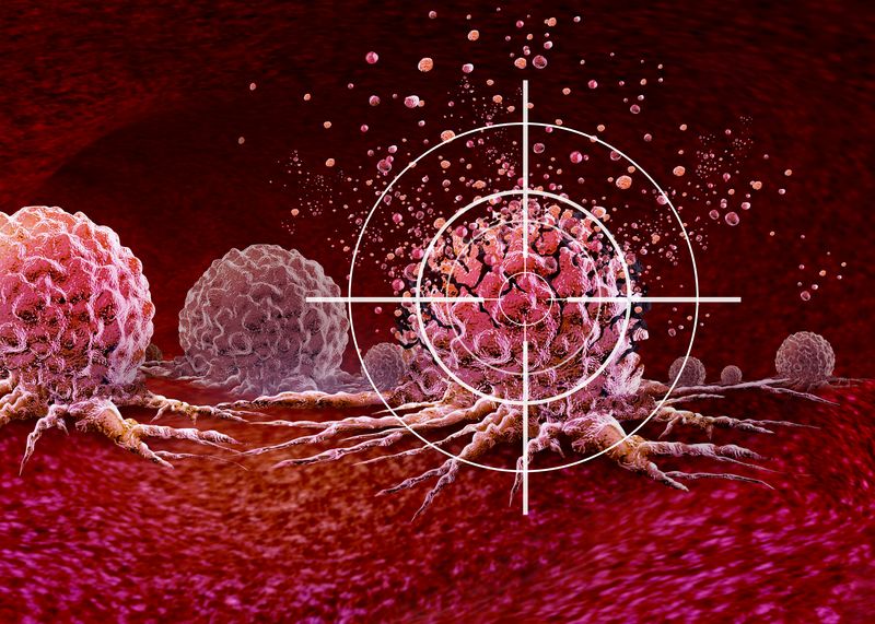 3D illustration of cancerous tumors with a crosshair over one of them to indicate targeted treatments