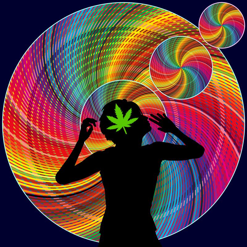 illustration showing a silhouette of a person with a green cannabis leaf inside their head, against a backdrop of circles of rainbow colours that give the illusion of spinning round