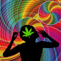 illustration showing a silhouette of a person with a green cannabis leaf inside their head, against a backdrop of circles of rainbow colours that give the illusion of spinning round