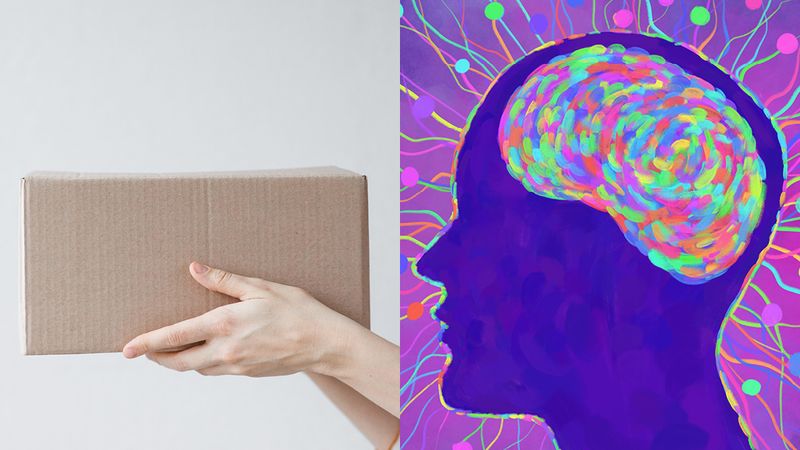 image of hand holding cardboard box on the left and image of purple silhouette of human head with multicolored brain surrounded by brightly colored dots and streamers