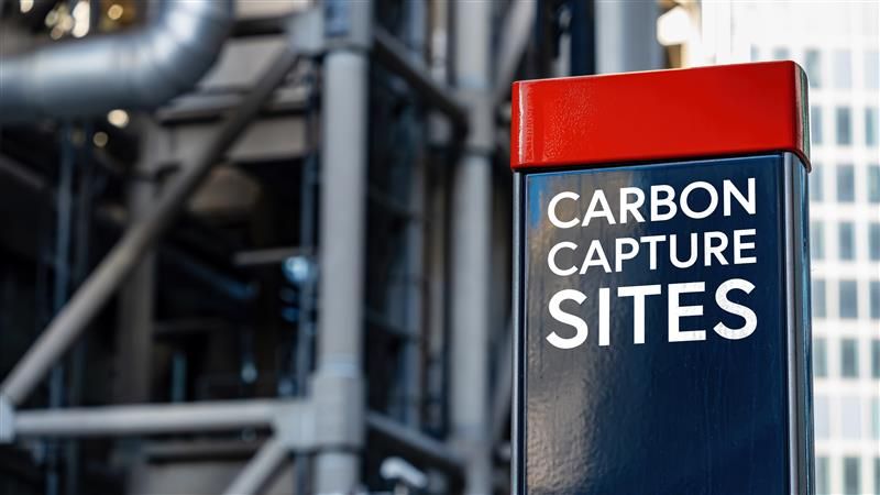 A sign that says carbon capture sites, and behind an industrial site.