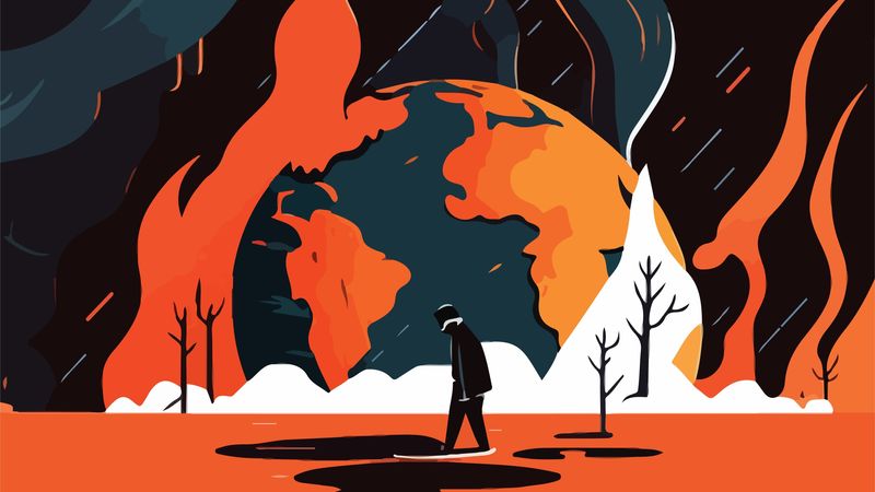 A cartoon showing a sad person over a stylized dead landscape. Beyond the horizon the Earth is on fire