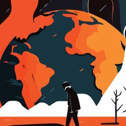 A cartoon showing a sad person over a stylized dead landscape. Beyond the horizon the Earth is on fire