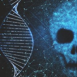 Computer generated blue skull and DNA double helix on black background