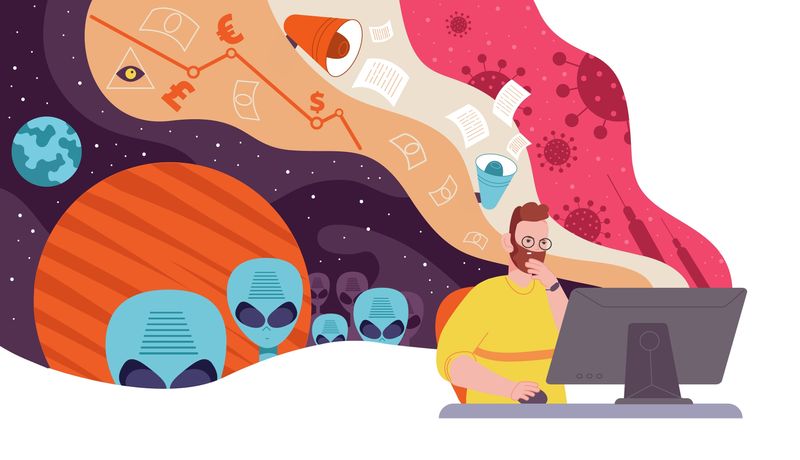 illustration of a bearded white man in a yellow t-shirt sitting at a desktop computer; coloured waves are coming out behind him illustrating common conspiracies around aliens, the illuminati and COVID-19