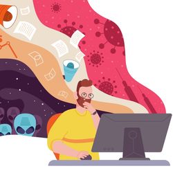 illustration of a bearded white man in a yellow t-shirt sitting at a desktop computer; coloured waves are coming out behind him illustrating common conspiracies around aliens, the illuminati and COVID-19