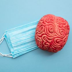 flat lay on pale blue surface; there is a small stack of blue surgical masks with a red 3D model of the human brain slightly overlaying them to the right hand side