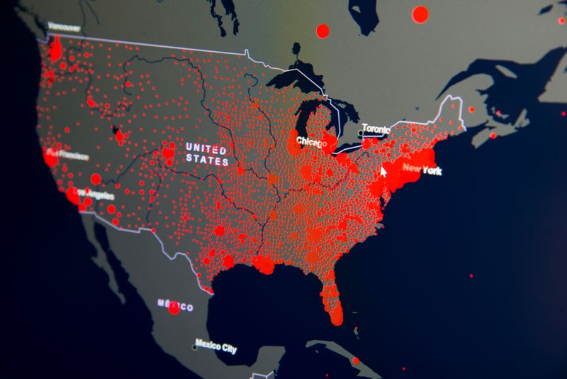 US map with red dots showing hypothetical COVID cases