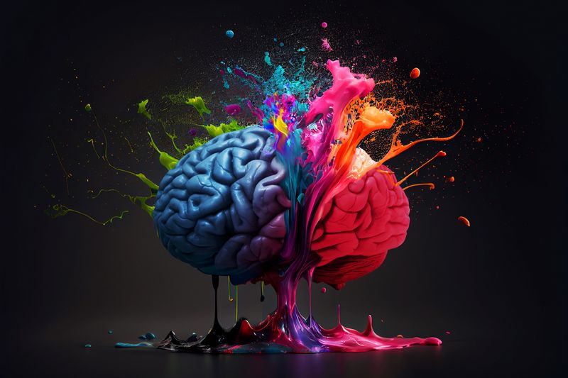 Colourful brain exploding with paint splashes