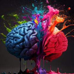 Colourful brain exploding with paint splashes