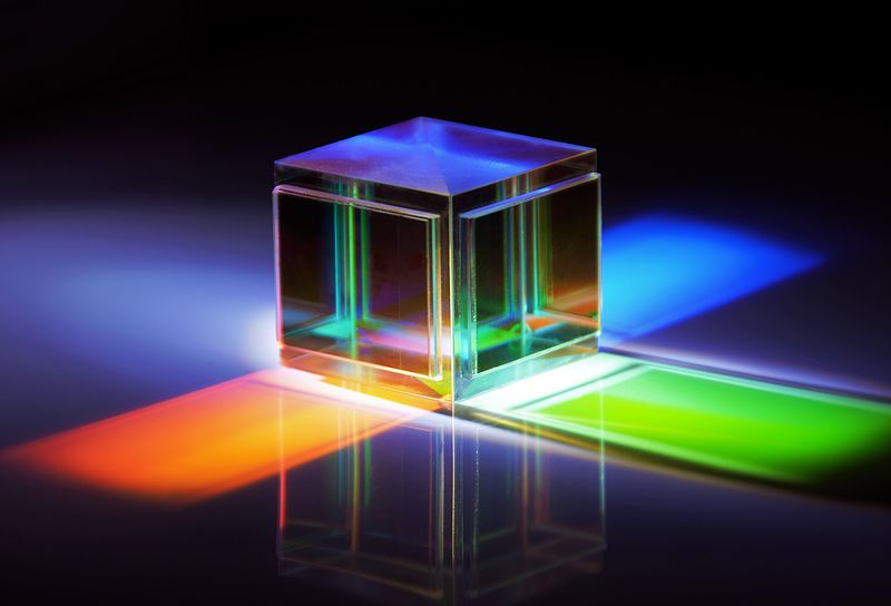 dispersion of artificial light, dichroic reflective square cube scattering beam of light into several colours of spectrum