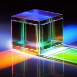 dispersion of artificial light, dichroic reflective square cube scattering beam of light into several colours of spectrum