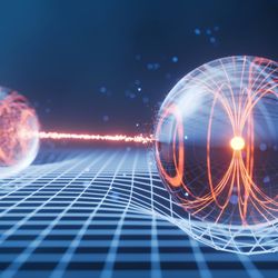 Digital illustration of blue lattice deformed by two transparent spheres resting on it, spheres linked with an orange particle beam that arcs within them